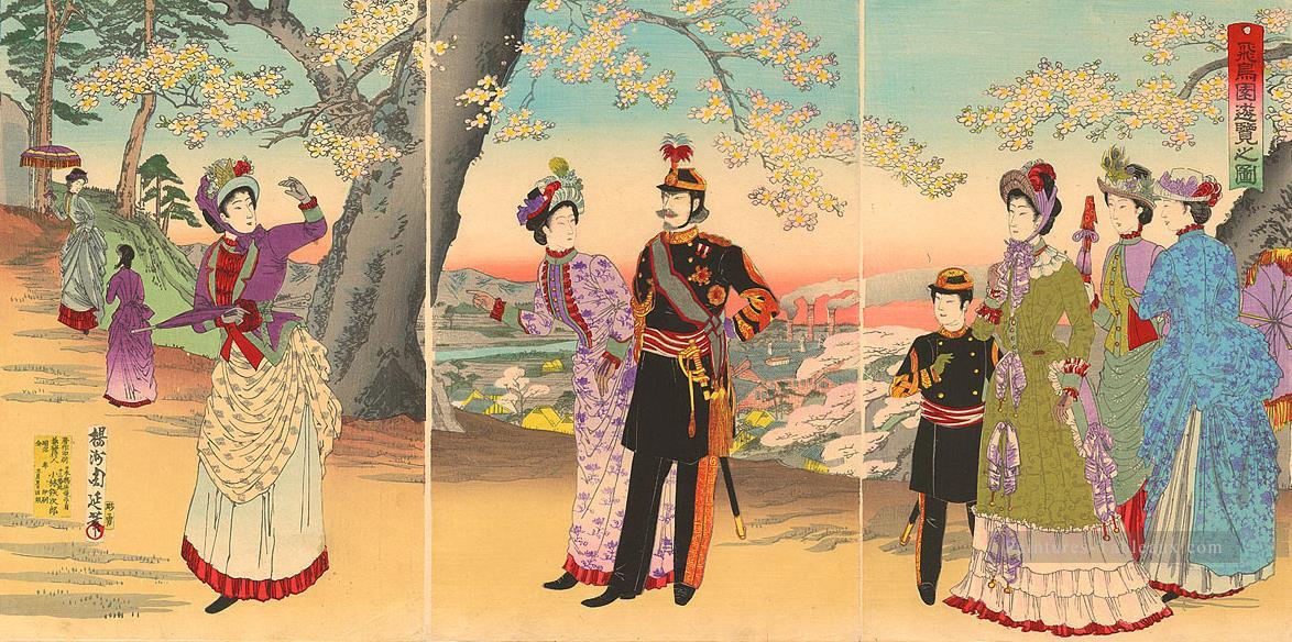 L’empereur impératrice Prince héritier et les dames de Cour sur une sortie à Asuka Park Toyohara Chikanobu japonais Peintures à l'huile